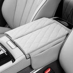 Grey diamond-stitched leather center console armrest cover for car interior