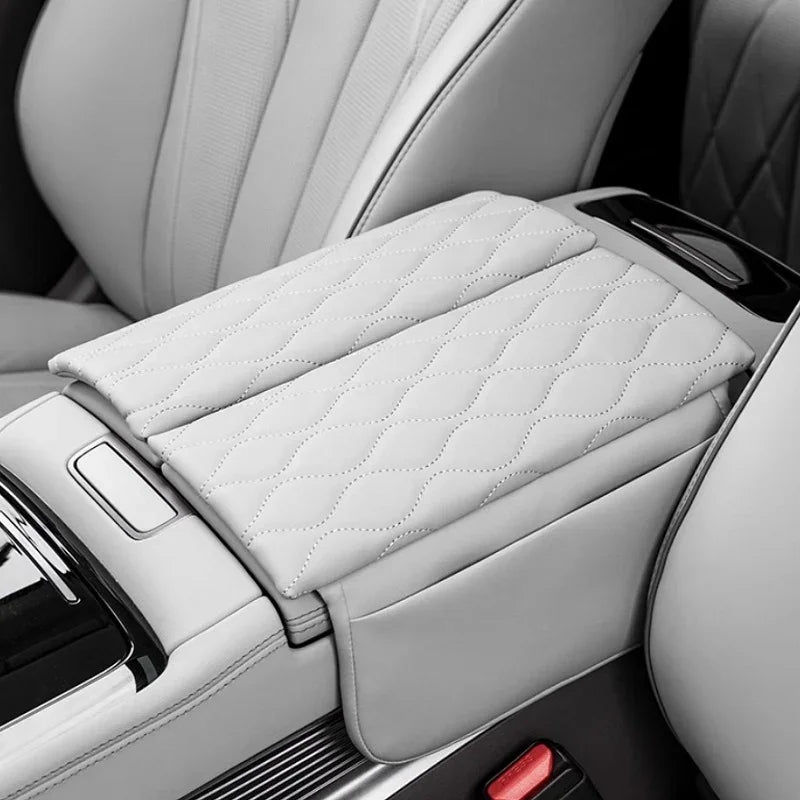 Grey diamond-stitched leather center console armrest cover for car interior