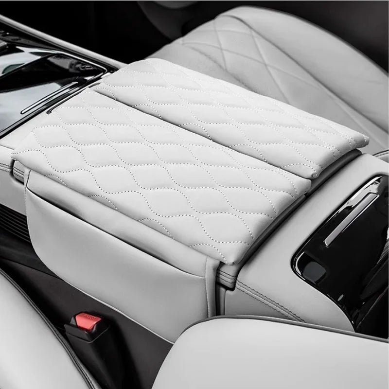 White diamond-stitched leather center console armrest cover for BYD car interior