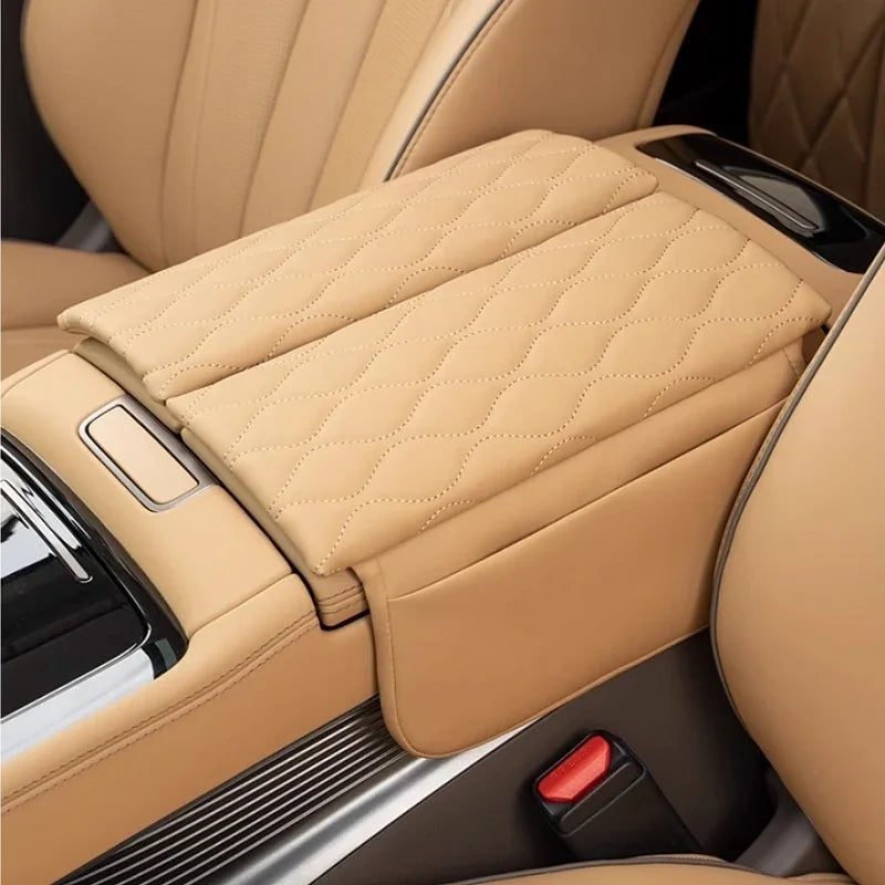Tan diamond-stitched leather center console armrest cover for car interior protection