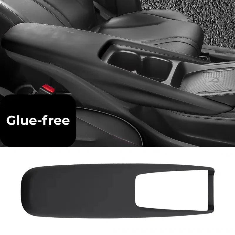Black glue-free armrest cover for BYD car interior, durable protective material.