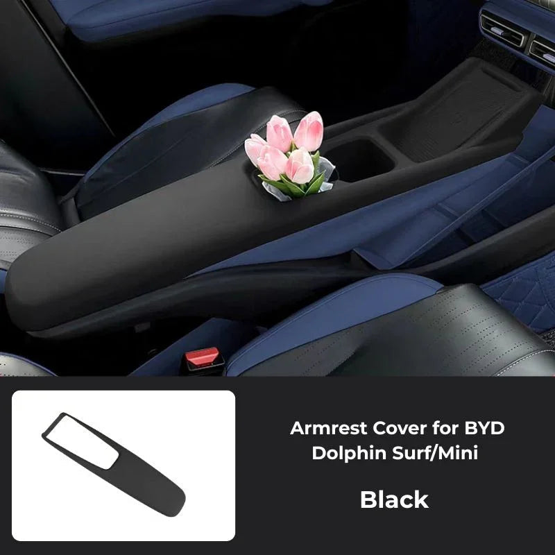 Black premium leather armrest cover for BYD Dolphin Surf/Mini interior protection.