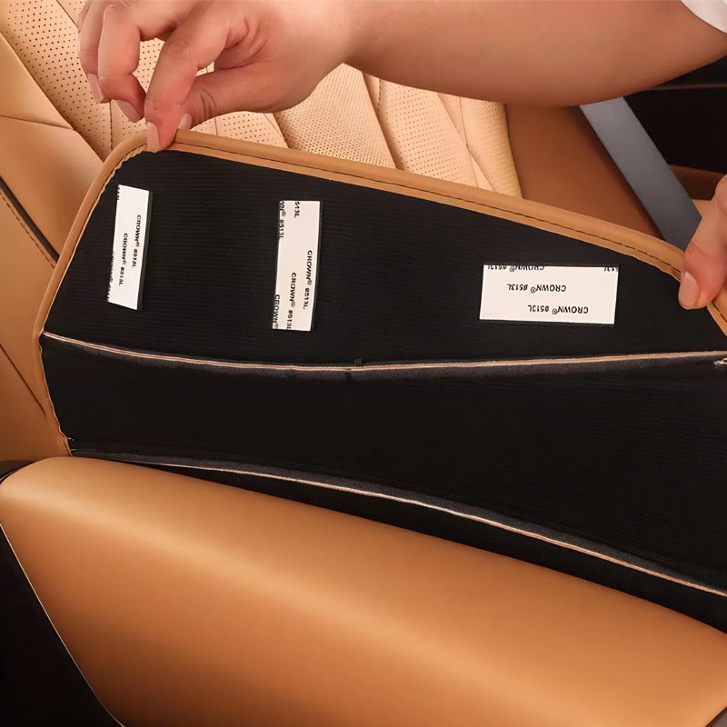Black non-slip backing of a tan premium leather car seat cover accessory.