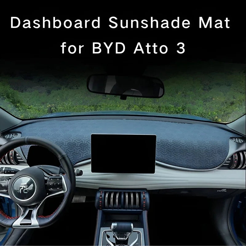 Grey patterned fabric dashboard sunshade mat for BYD Atto 3 interior.