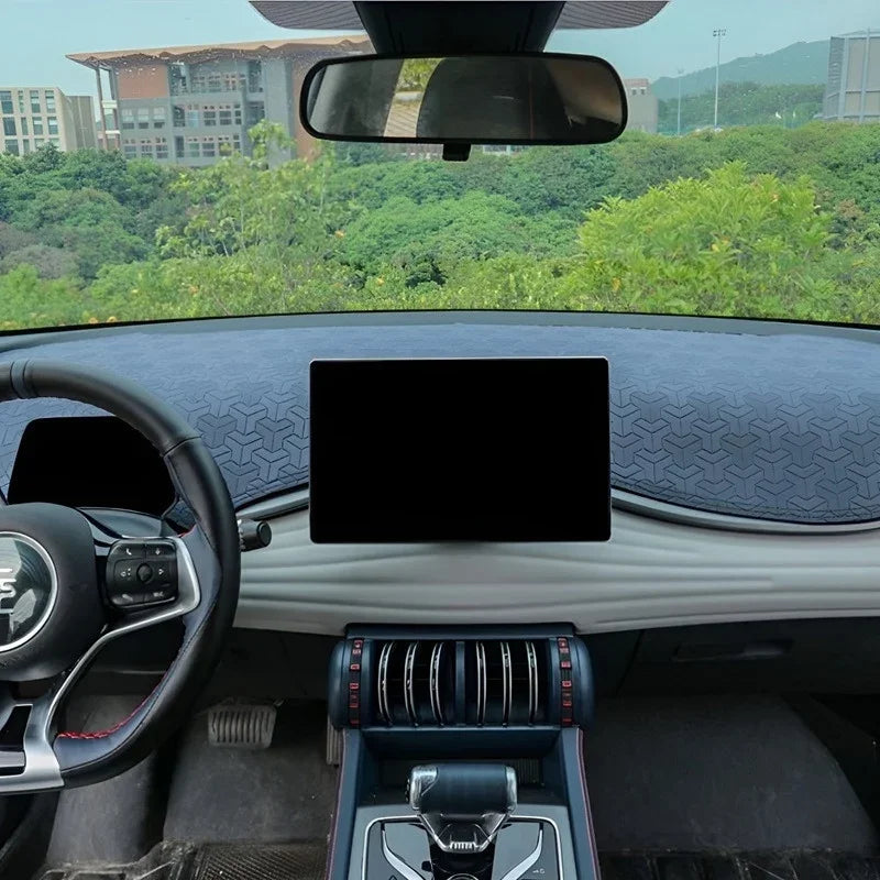 Navy blue textured dashboard mat for BYD car interior, premium protective material.
