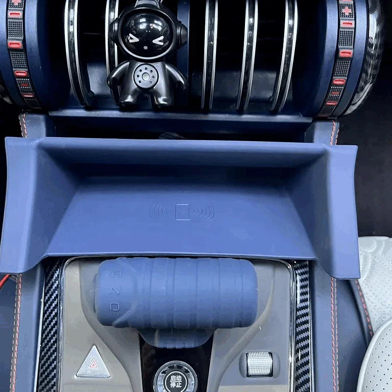 Blue matte silicone center console tray and gear shifter cover for BYD interior protection.