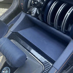 Blue leather center console tray with carbon fiber trim for BYD interior protection.