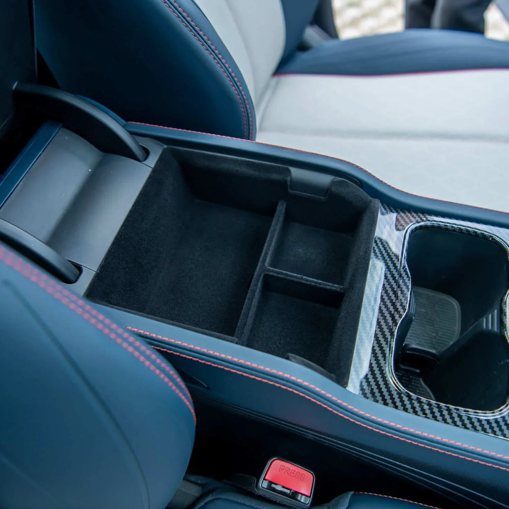 Black velvet-lined center console organizer with carbon fiber trim for BYD interior protection.