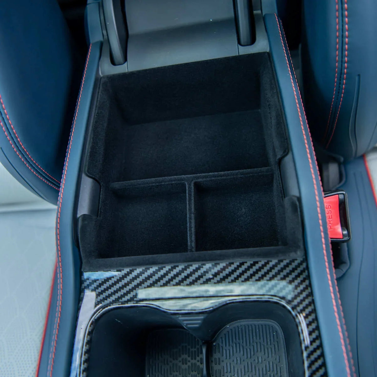 Black velvet-lined center console organizer with carbon fiber trim for BYD interior protection.