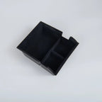 Black velvet-textured dual-compartment car center console organizer tray.