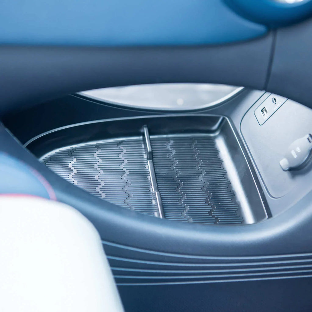Black textured anti-slip silicone door pocket tray for BYD car interior protection.