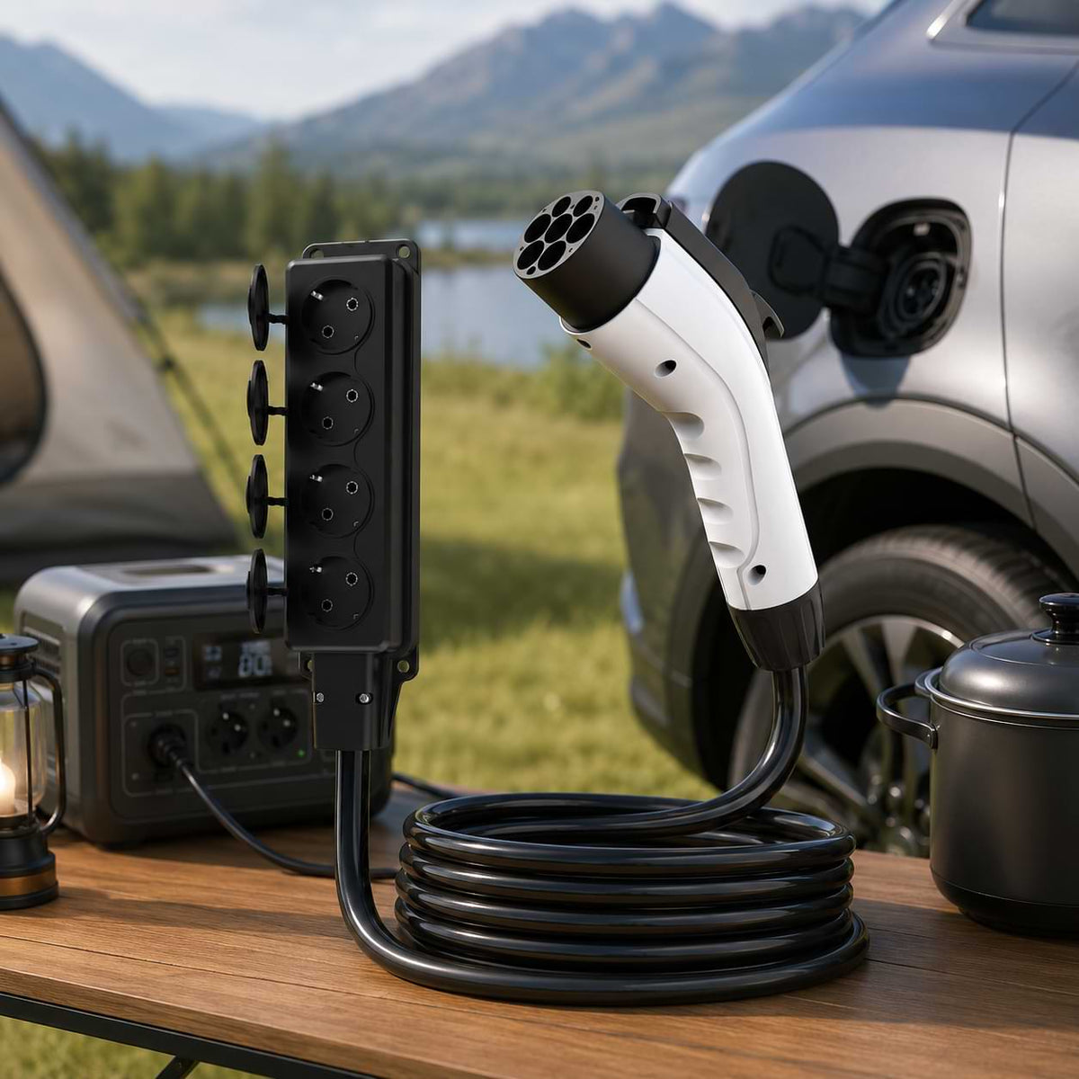 V2L GBT discharge cable connected to electric vehicle in outdoor camping setup