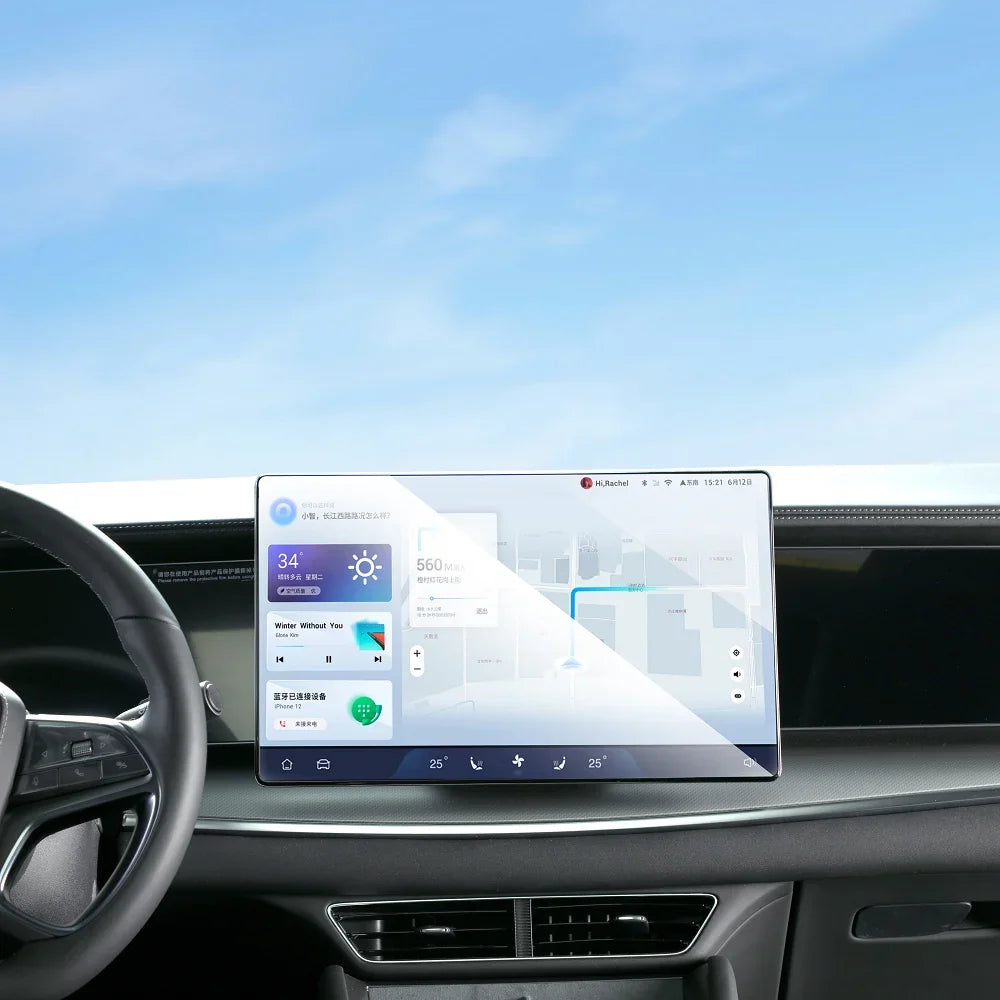 High-resolution wide touchscreen infotainment system displaying navigation and media in a car interior.