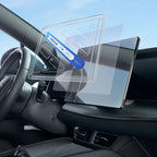 Clear tempered glass screen protector for car infotainment system, featuring a blue easy-install strip.