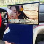 Large widescreen car infotainment display showing a portrait wallpaper and digital dashboard interface.