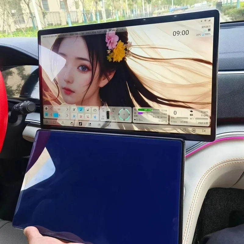 Large widescreen car infotainment display showing a portrait wallpaper and digital dashboard interface.