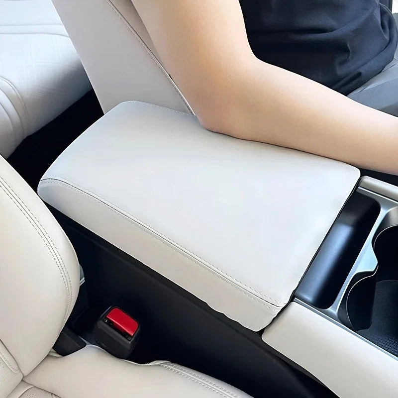 Premium cream-colored leather center console armrest cover for enhanced comfort and protection.