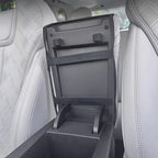 Black matte premium organizer tray with durable fabric straps for car interior storage.