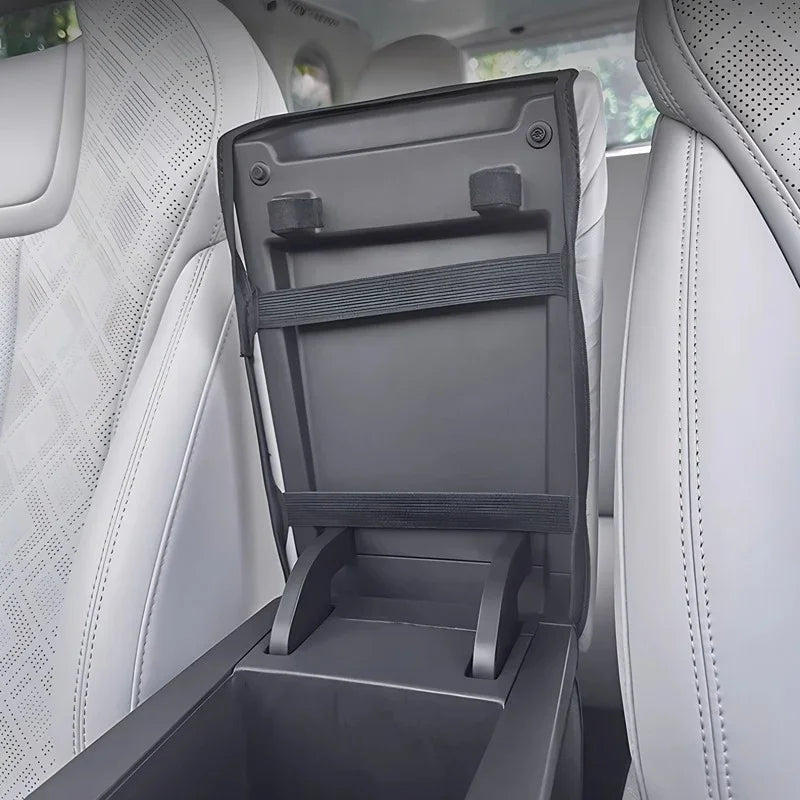 Black matte premium organizer tray with durable fabric straps for car interior storage.
