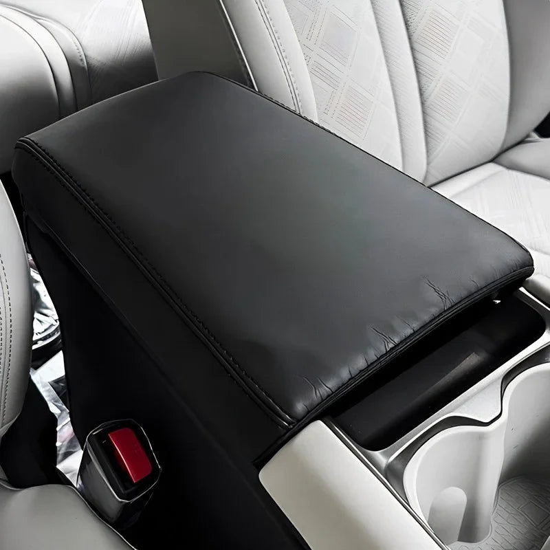 Premium black PU leather center console armrest cover for enhanced comfort and protection.
