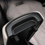 Black and white PU leather seat back organizer with protective stitching for BYD car interior.