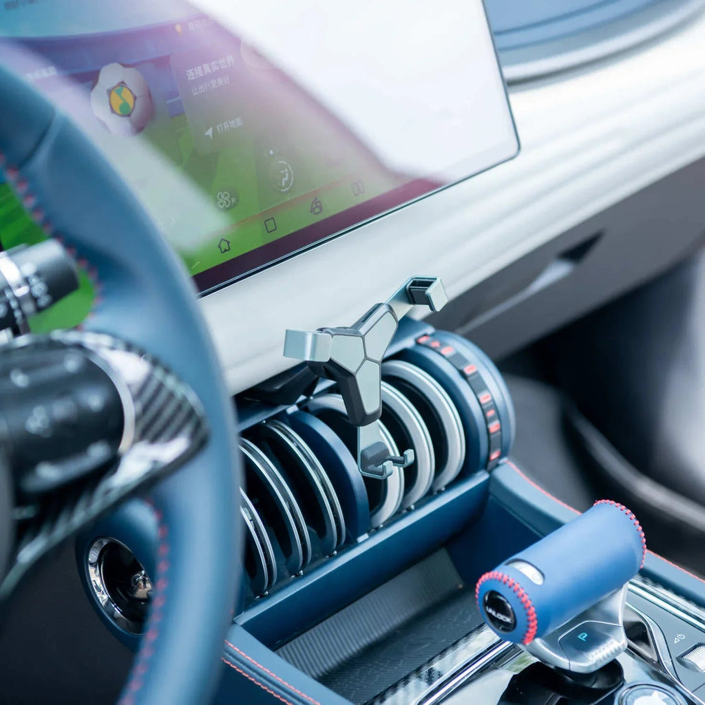 Premium blue leather and metallic silver gear shifter and interior trim for BYD vehicles.