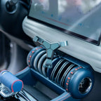 Matte black Y-shaped phone holder mounted on a BYD car dashboard with premium blue interior.