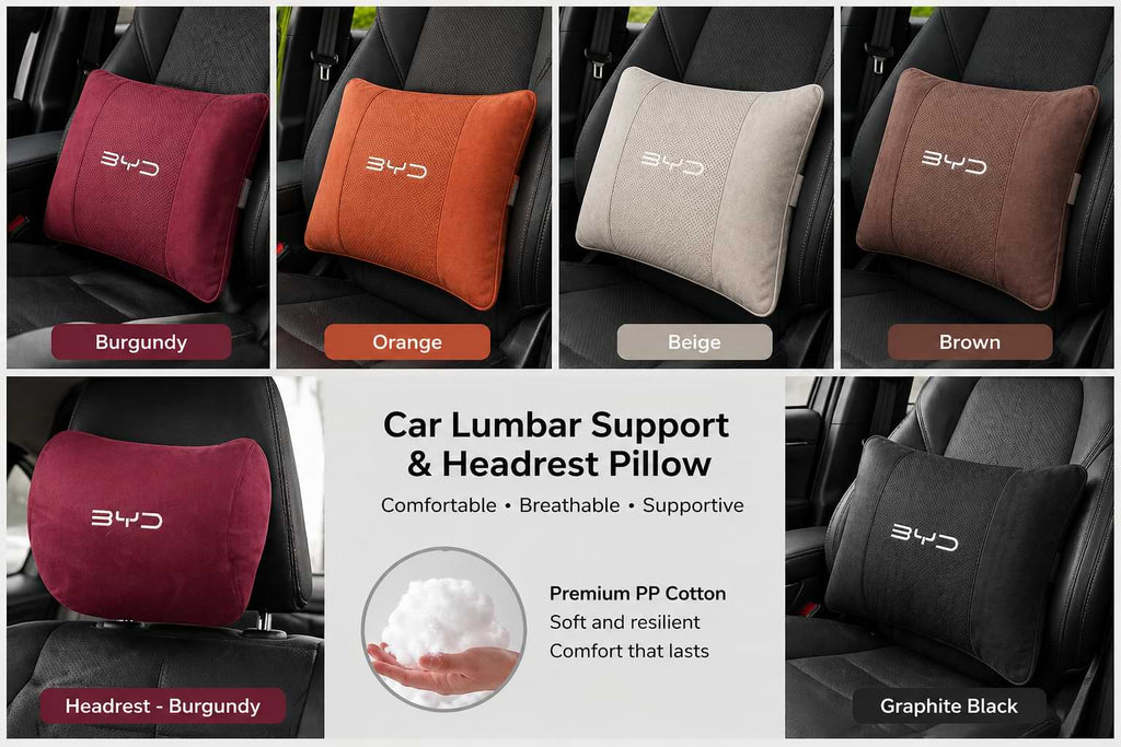 Collage of car lumbar support and headrest pillows in various colors with BYD car.