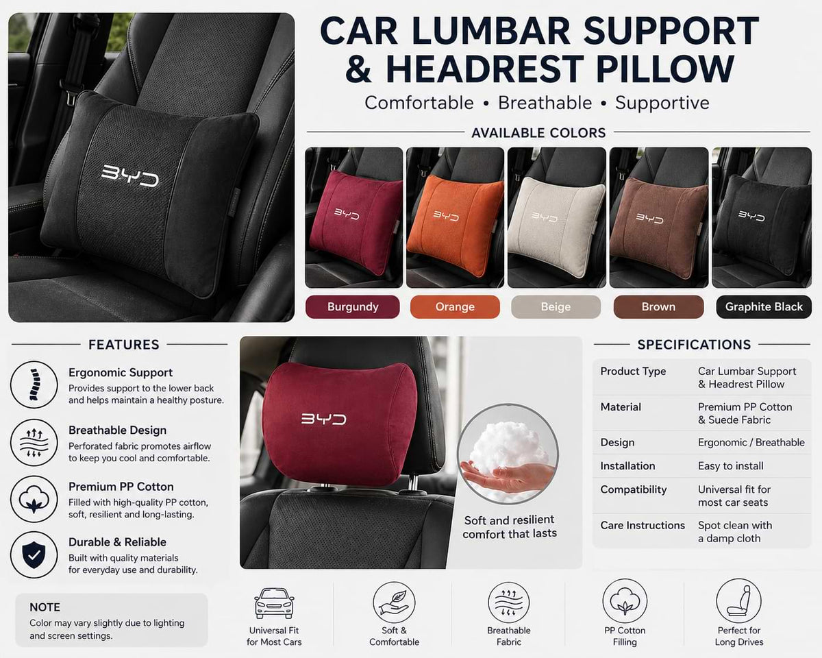 Car lumbar support and headrest pillow with BYD branding, showing available colors and features.