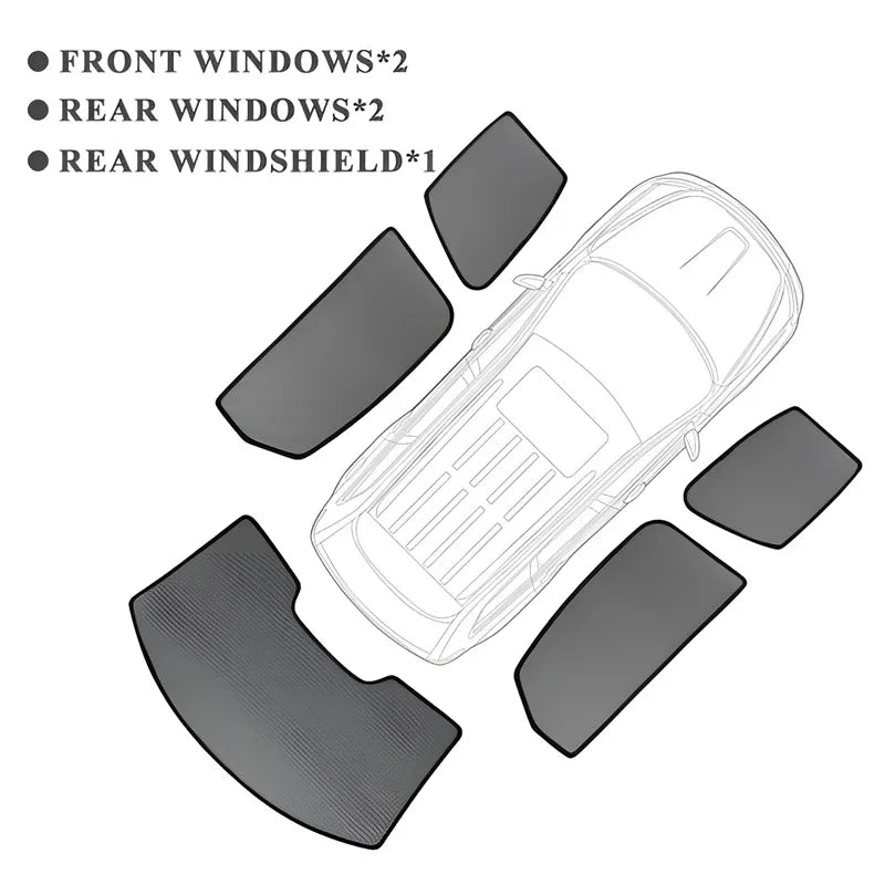 Set of charcoal grey car window and rear windshield sunshades for BYD vehicle.