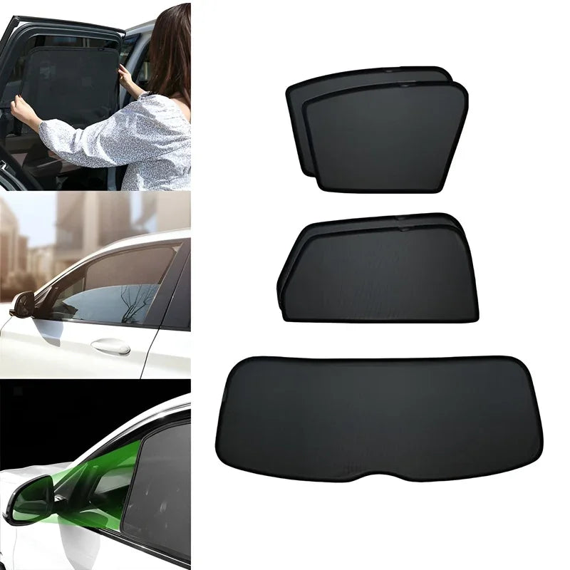 Black mesh magnetic sunshade curtains for car windows, providing UV protection and privacy.