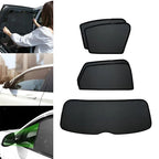 Black mesh magnetic sunshade curtains for car windows, providing UV protection and privacy.