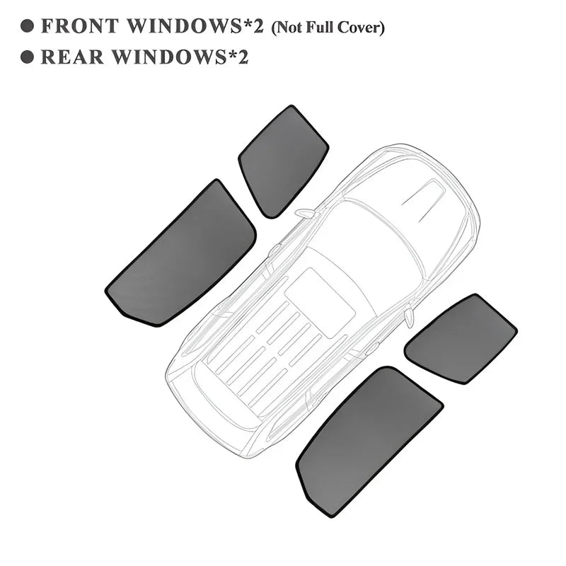 Diagram showing four dark grey window sunshade covers for front and rear car windows.