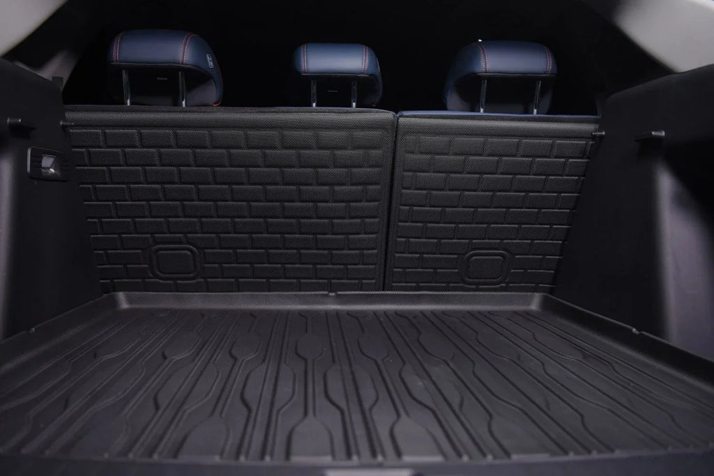 Black heavy-duty waterproof cargo mat and matching backrest protectors for car trunk protection.