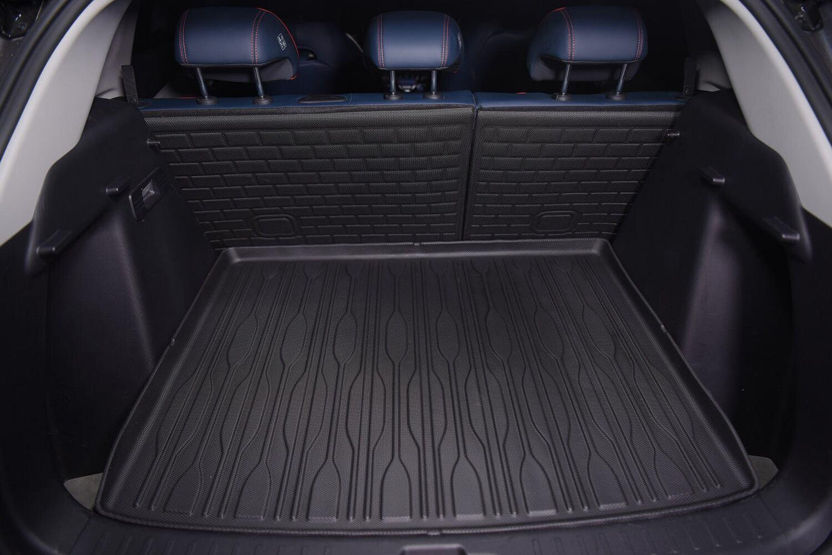 Black heavy-duty TPE waterproof trunk mat for BYD, featuring a durable textured anti-slip design.