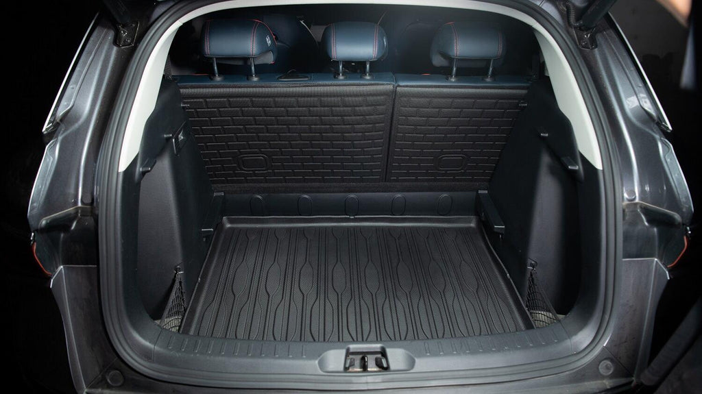 Black heavy-duty TPE waterproof trunk mat for BYD SUV cargo area protection.