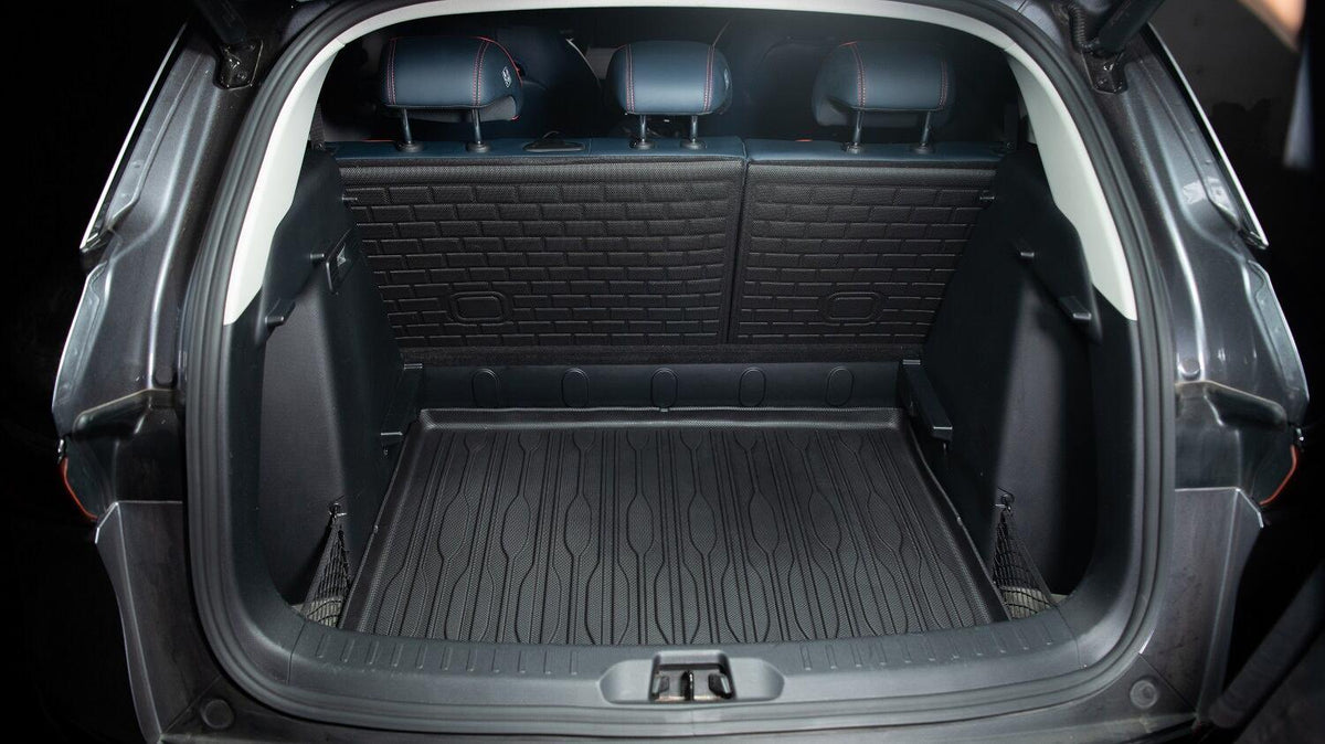 Black heavy-duty TPE waterproof trunk mat for BYD SUV cargo area protection.