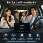 Family enjoying karaoke inside a BYD car using wireless microphone with kids and parents singing together, showing in-car entertainment and plug-and-play microphone use