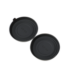Two black matte silicone cup holder coasters with embossed logo for car interior protection.