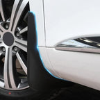 Close-up of a professional matte black plastic car mudguard installed on a white vehicle.