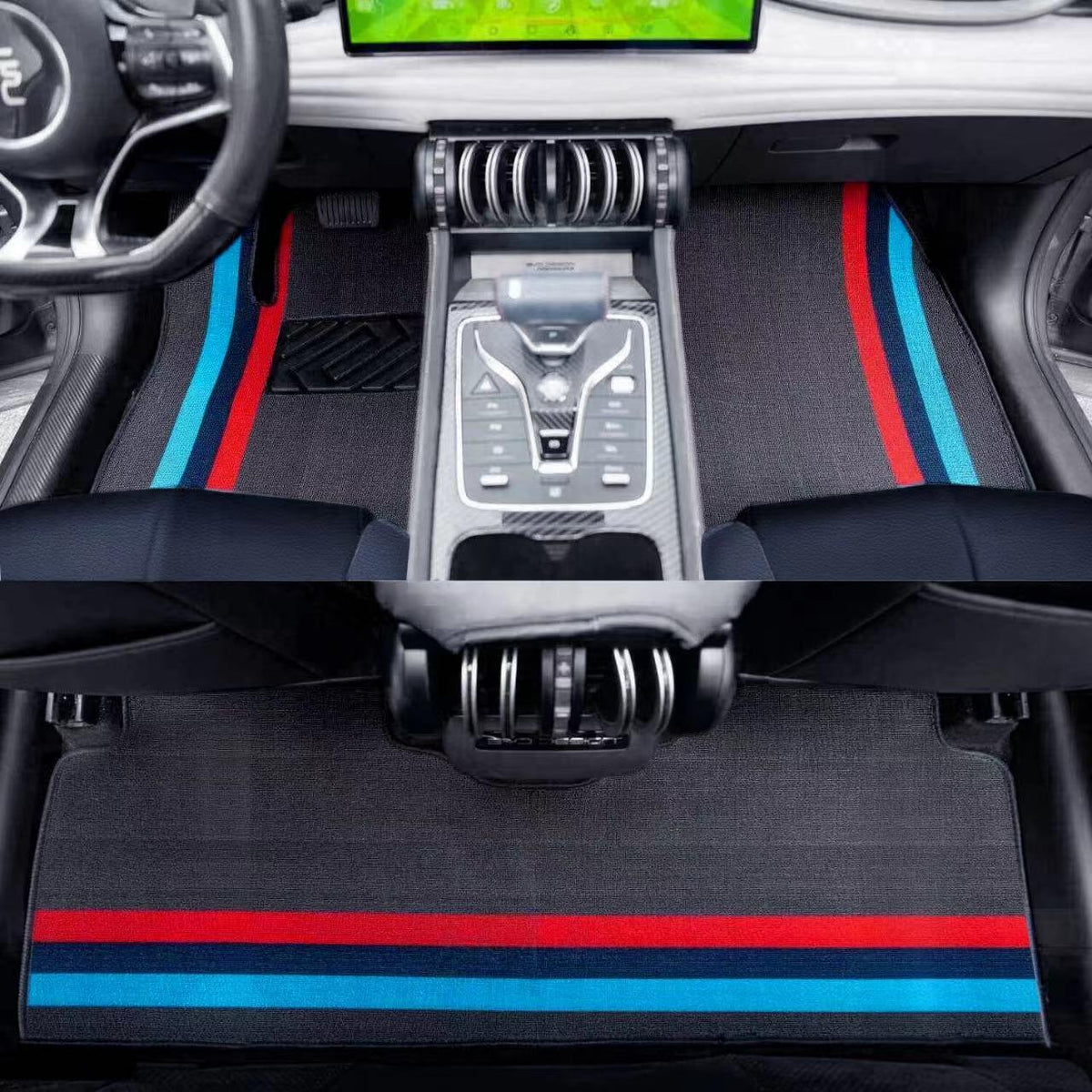Black fabric car floor mats featuring distinctive red and blue racing stripes for BYD interior.