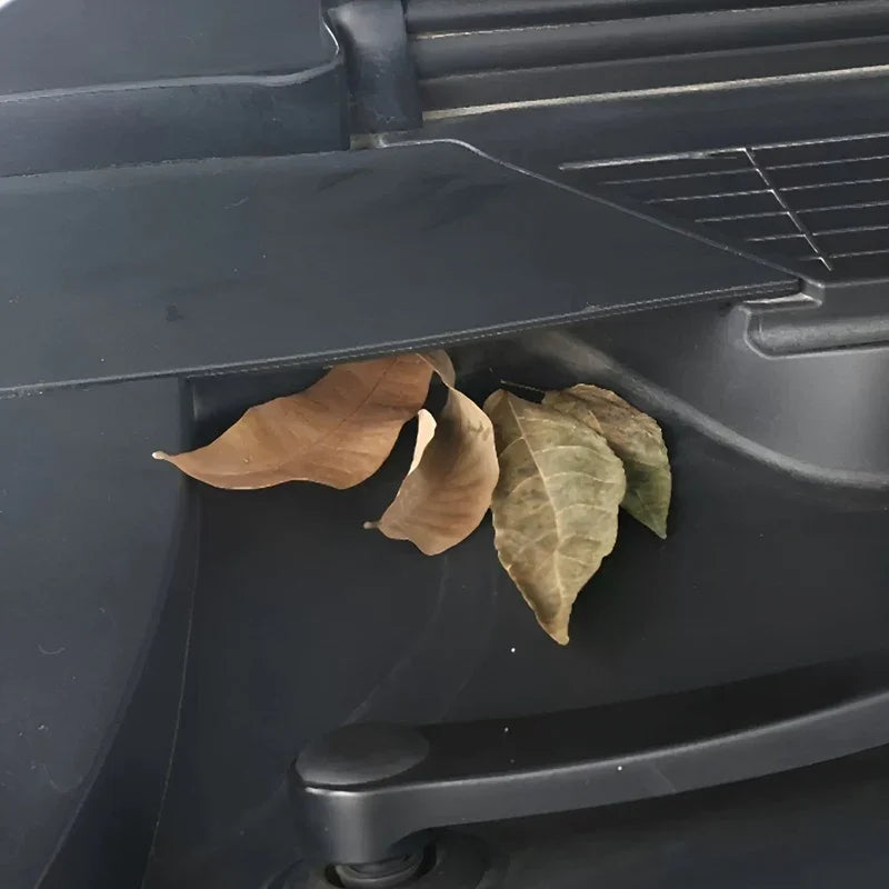 Dry brown leaves trapped in the crevices of a dark grey car interior dashboard.