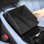Black matte ABS plastic car center console organizer tray for BYD interior storage.