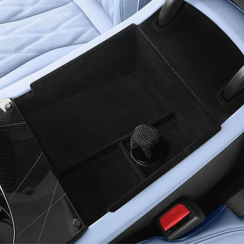 Black suede-textured center console organizer tray for BYD vehicle interior