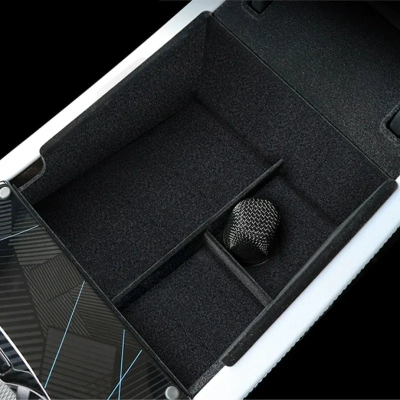 Black felt-lined center console organizer tray for car interior