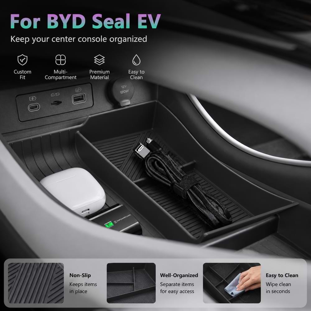 Car console organizer for BYD Seal EV with cable management and compartmentalization.