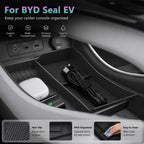 Car console organizer for BYD Seal EV with cable management and compartmentalization.