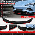 Glossy black front lip spoiler with red accents installed on BYD Seal EV, showing sporty design, aerodynamic upgrade, and bumper protection accessory