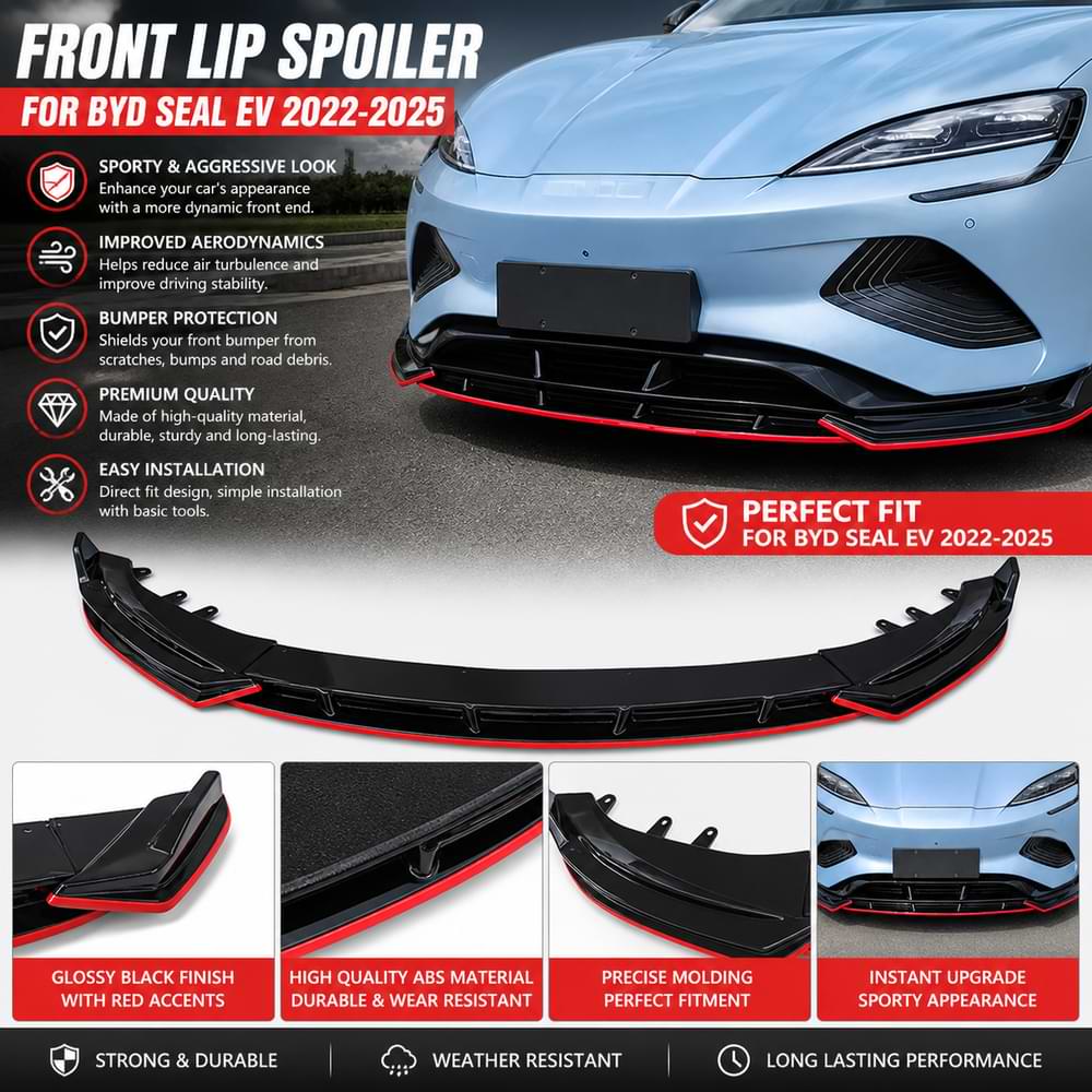 Glossy black front lip spoiler with red accents installed on BYD Seal EV, showing sporty design, aerodynamic upgrade, and bumper protection accessory