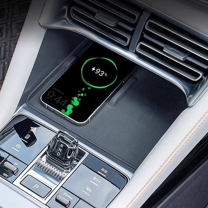 Black carbon fiber center console pad for BYD with wireless charging phone
